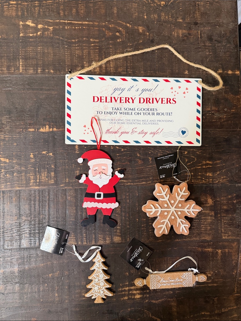 Hobby Lobby Delivery Driver Sign and 4 Ornaments Red.